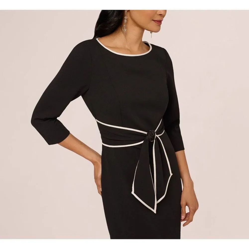 Adrianna Papell Tipped Crepe Tie Dress 16W Black Ivory Sheath Midi NWT - Picture 10 of 10